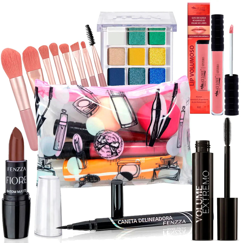 Kit de Maquiagem 7 Itens com Necessaire + Paleta de Sombras – Completo para Look Perfeito