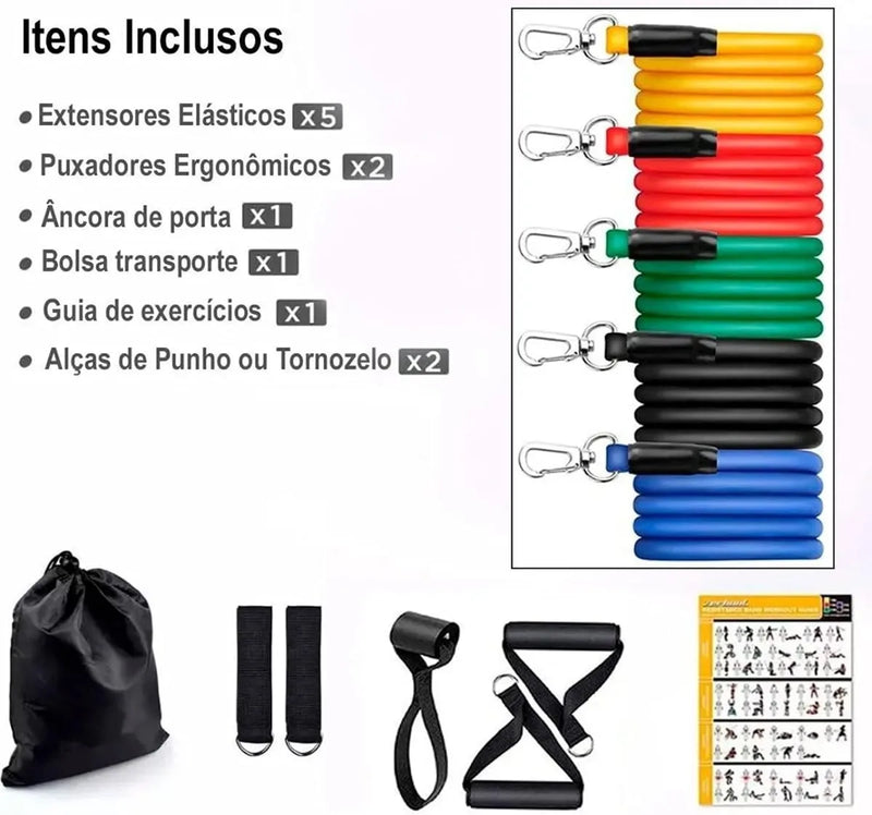 Kit Elástico Extensor 11 Itens – Treine em Casa com Performance e Praticidade