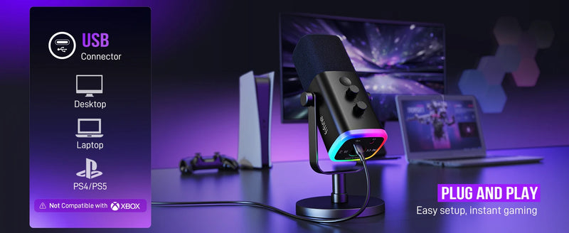 FIFINE USB/XLR Dynamic Microphone with RGB Control/Headphone jack/Mute,MIC for PC Gaming Recording Streaming AmpliGame-AM8