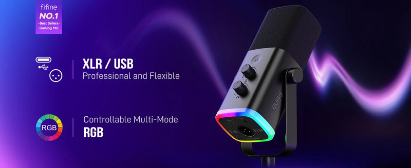 FIFINE USB/XLR Dynamic Microphone with RGB Control/Headphone jack/Mute,MIC for PC Gaming Recording Streaming AmpliGame-AM8