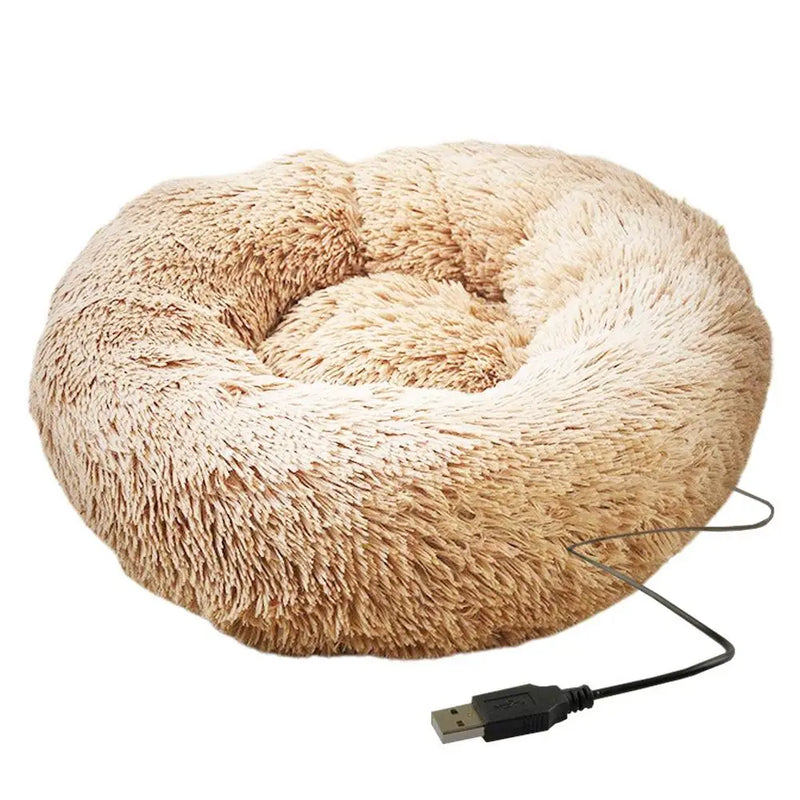 Cama Redonda de Pelúcia com Aquecimento USB – Conforto Premium para Cães e Gatos