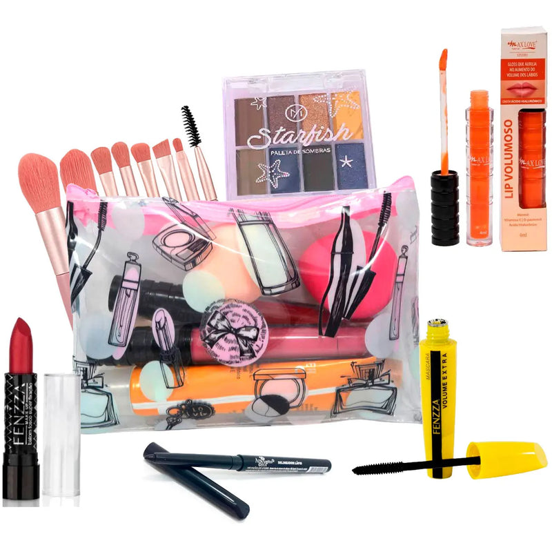 Kit de Maquiagem 7 Itens com Necessaire + Paleta de Sombras – Completo para Look Perfeito