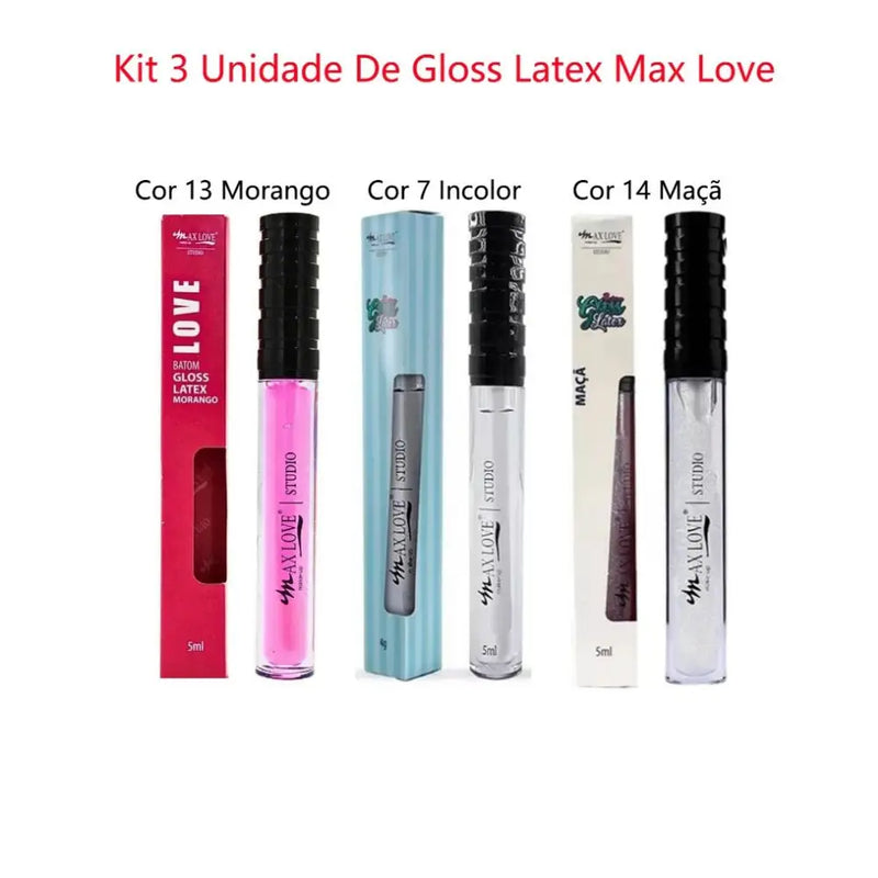 Kit 3 Batons Gloss Látex Max Love – Brilho e Cor Intensa para Seus Lábios